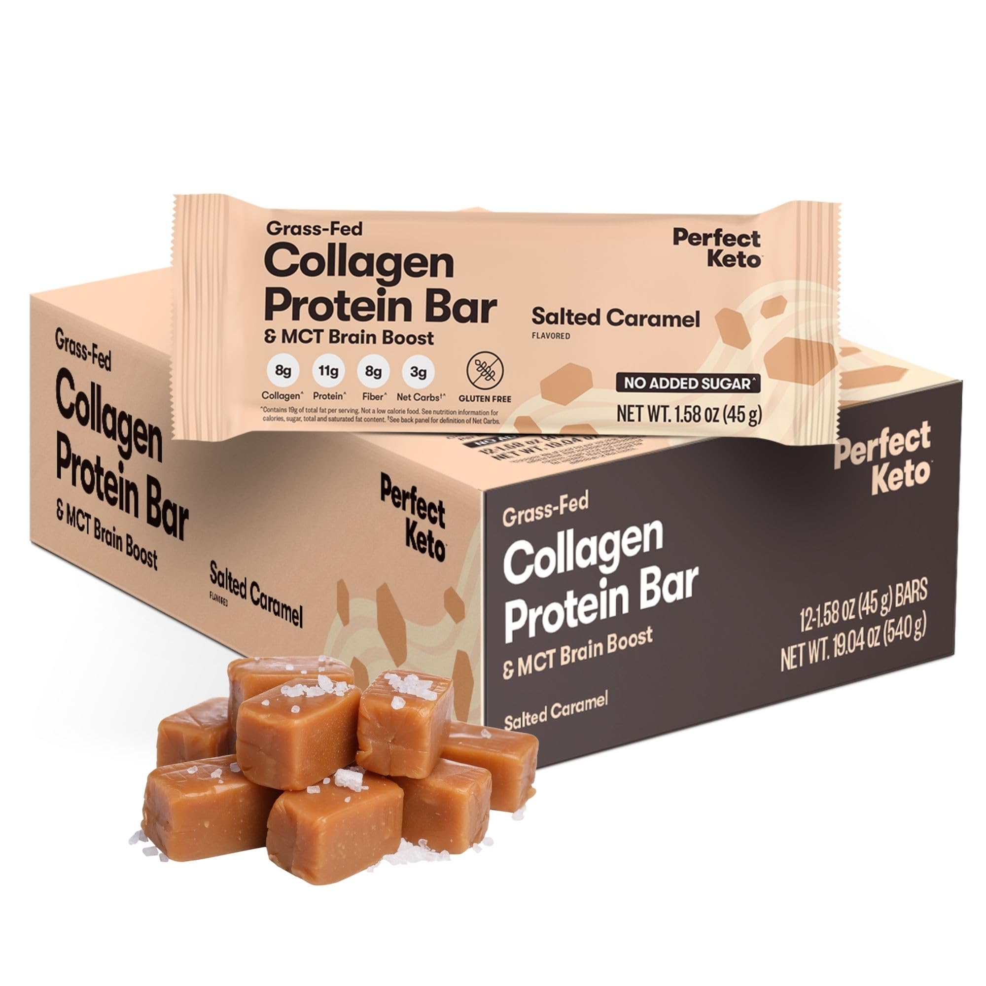 Perfect Keto barra Salted Caramel presentación frontal con caja y barras que facilitan plan cetogénico