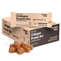 Perfect Keto barra Salted Caramel presentación frontal con caja y barras que facilitan plan cetogénico