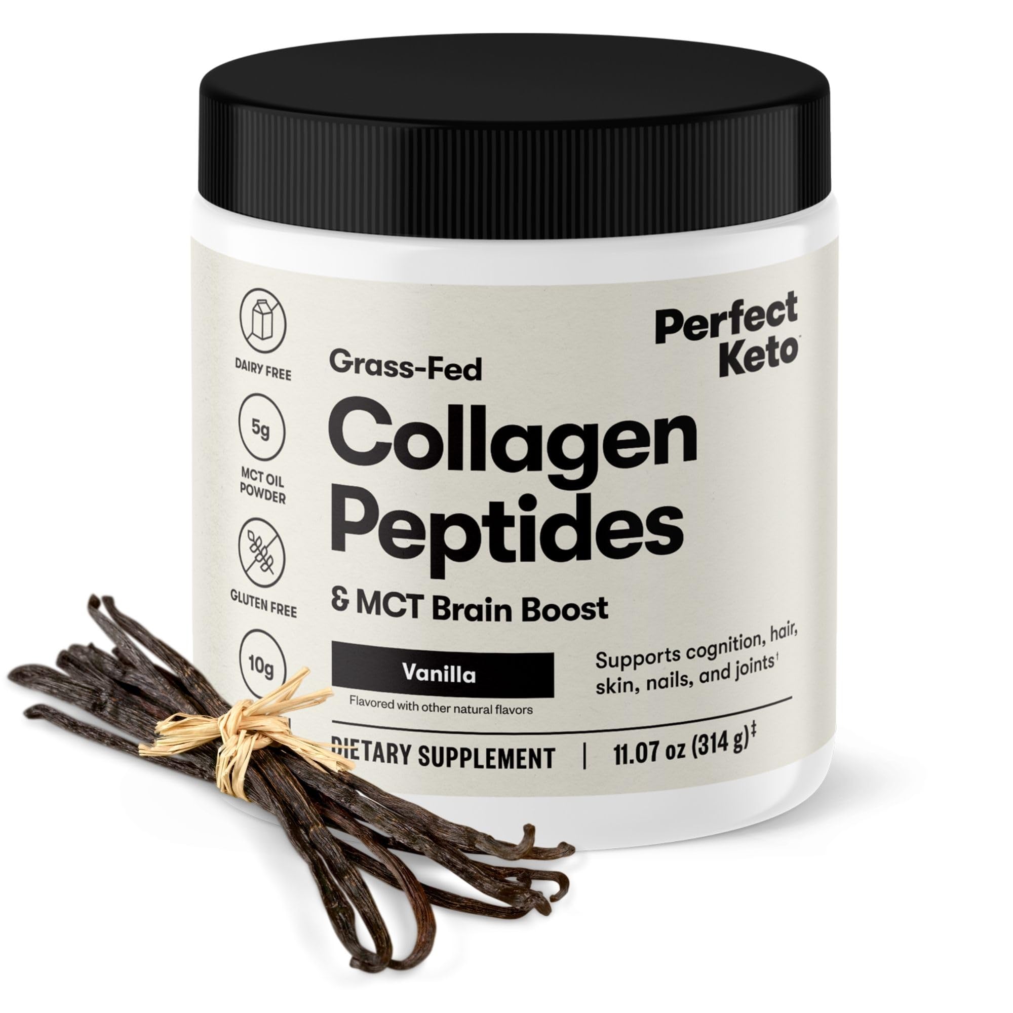 Perfect Keto frasco frente mostrando etiqueta y beneficios nutricionales