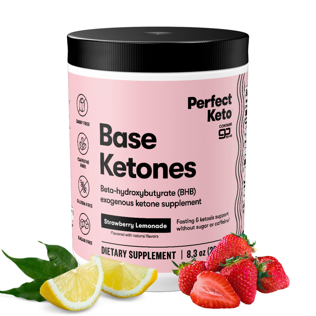 Perfect Keto envase frontal fresa limón mostrando el diseño y beneficio de energía