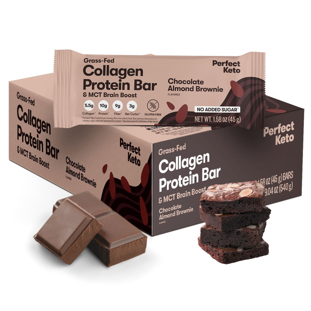 Perfect Keto frente del empaque mostrando sabor Almond Butter Brownie y beneficio cetogénico