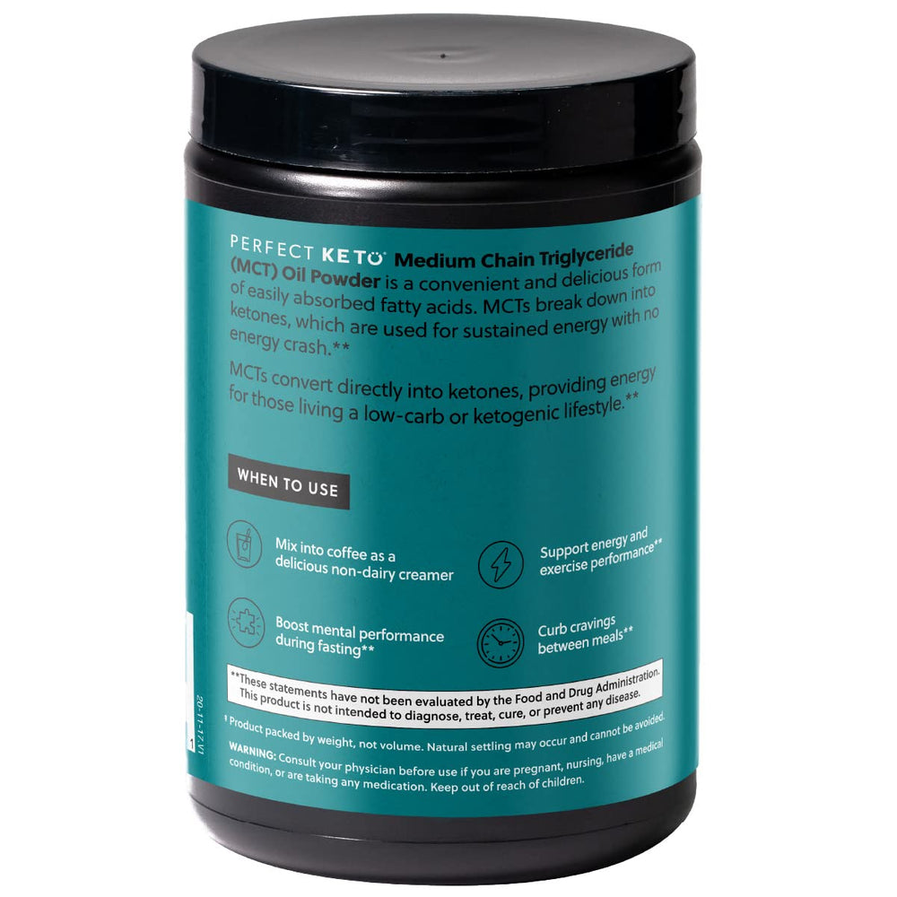 Perfect Keto polvo MCT vista cercana destacando textura fácil de mezclar