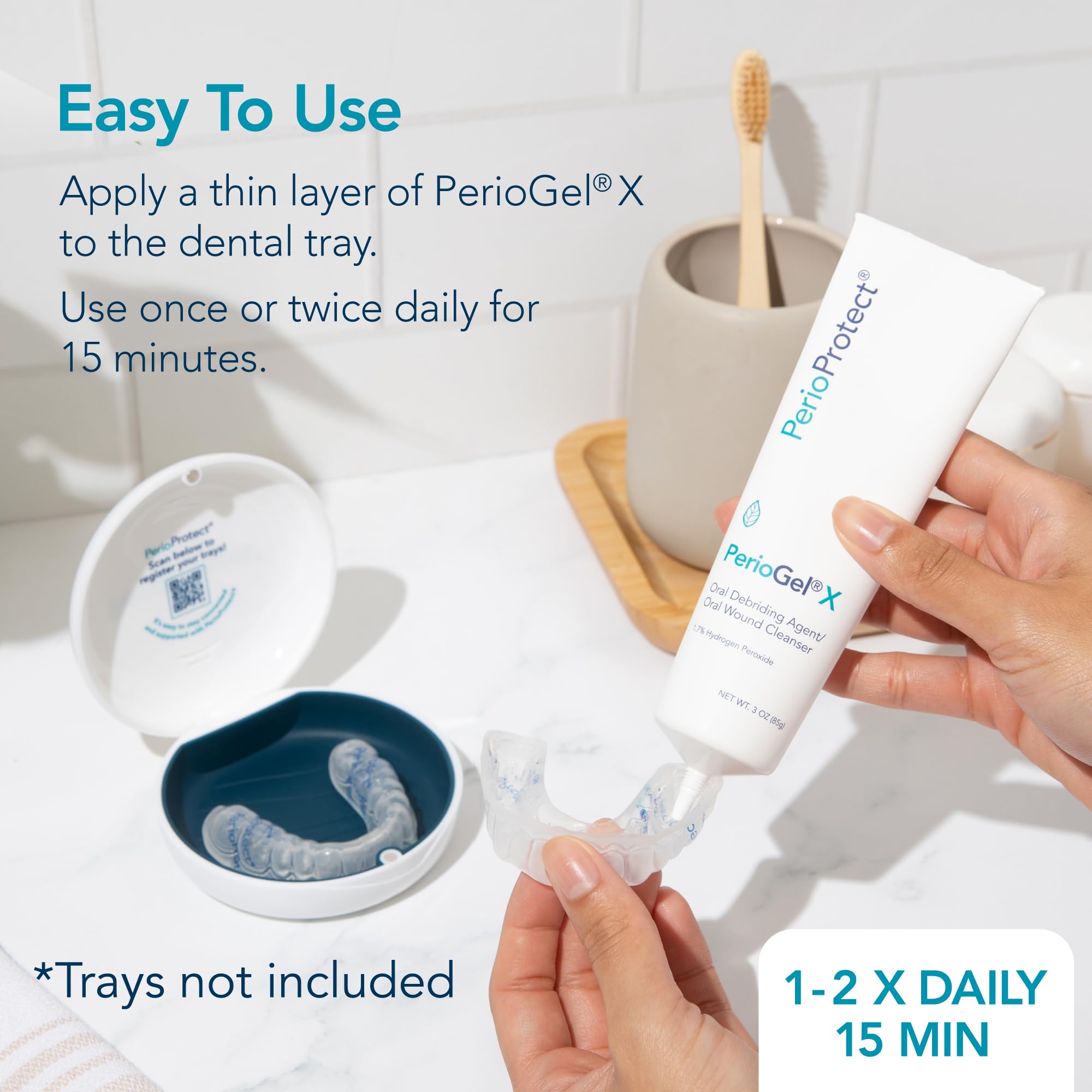 Perio Protect PerioGelX en cubeta Perio Tray demostrando entrega localizada