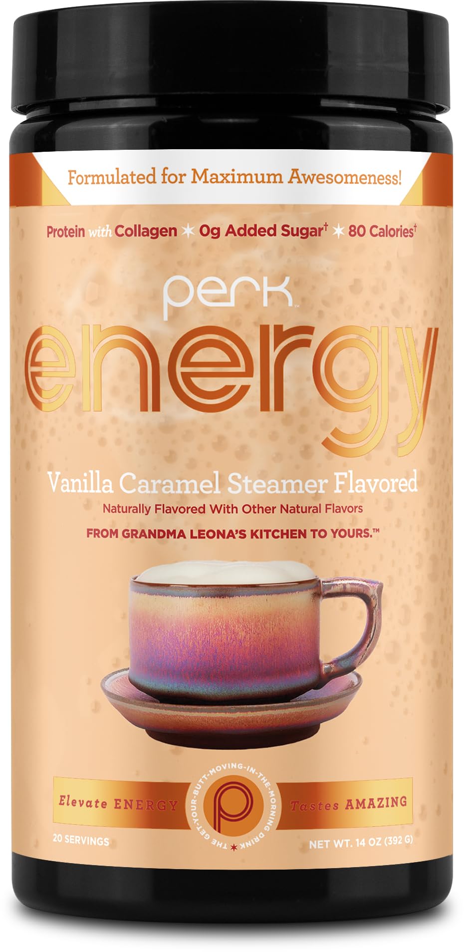 Perk envase frontal mostrando sabor vainilla caramelo y porciones