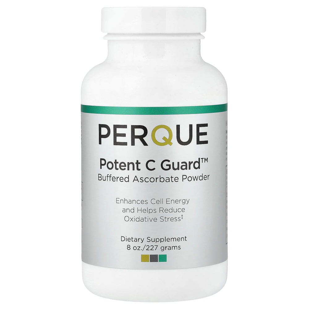 PERQUE bote frontal del Potent C Guard Powder mostrando etiqueta y presentación beneficios de pureza