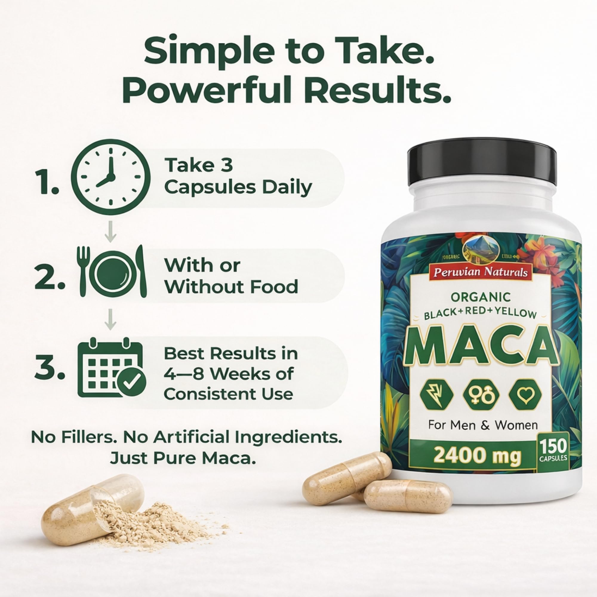 Peruvian Naturals frasco en una cocina saludable, integración simple a la rutina diaria