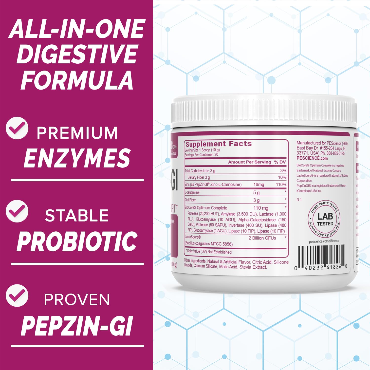 PEScience iconos de ingredientes clave: probiótico PepZin GI y L-glutamina