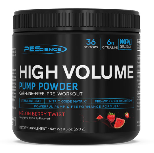 PEScience envase frontal High Volume mostrando sabor Melon Berry Twist y etiqueta clara