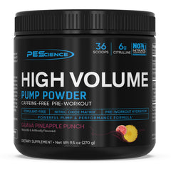 PEScience High Volume vista frontal mostrando envase y sabor Guava Pineapple y claridad del producto