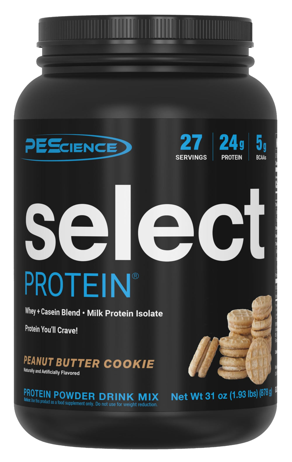PEScience envase frontal Peanut Butter Cookie mostrando 27 servicios y sabor
