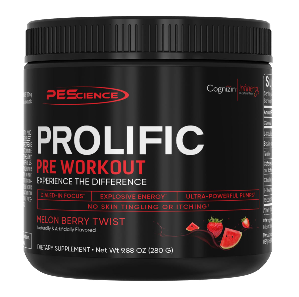 PEScience Prolific frente del envase mostrando diseño y sabor Melon Berry