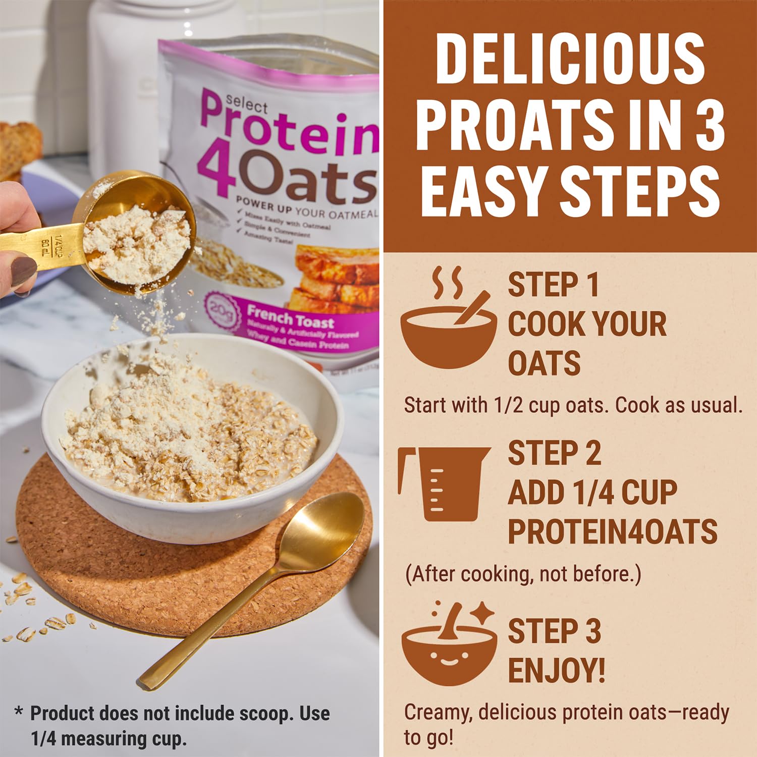 Cuchara con porción de PEScience Protein4Oats para comparar tamaño y servicio