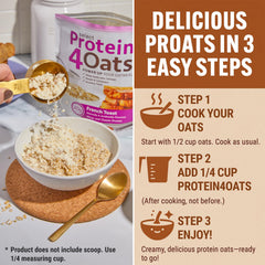 Cuchara con porción de PEScience Protein4Oats para comparar tamaño y servicio