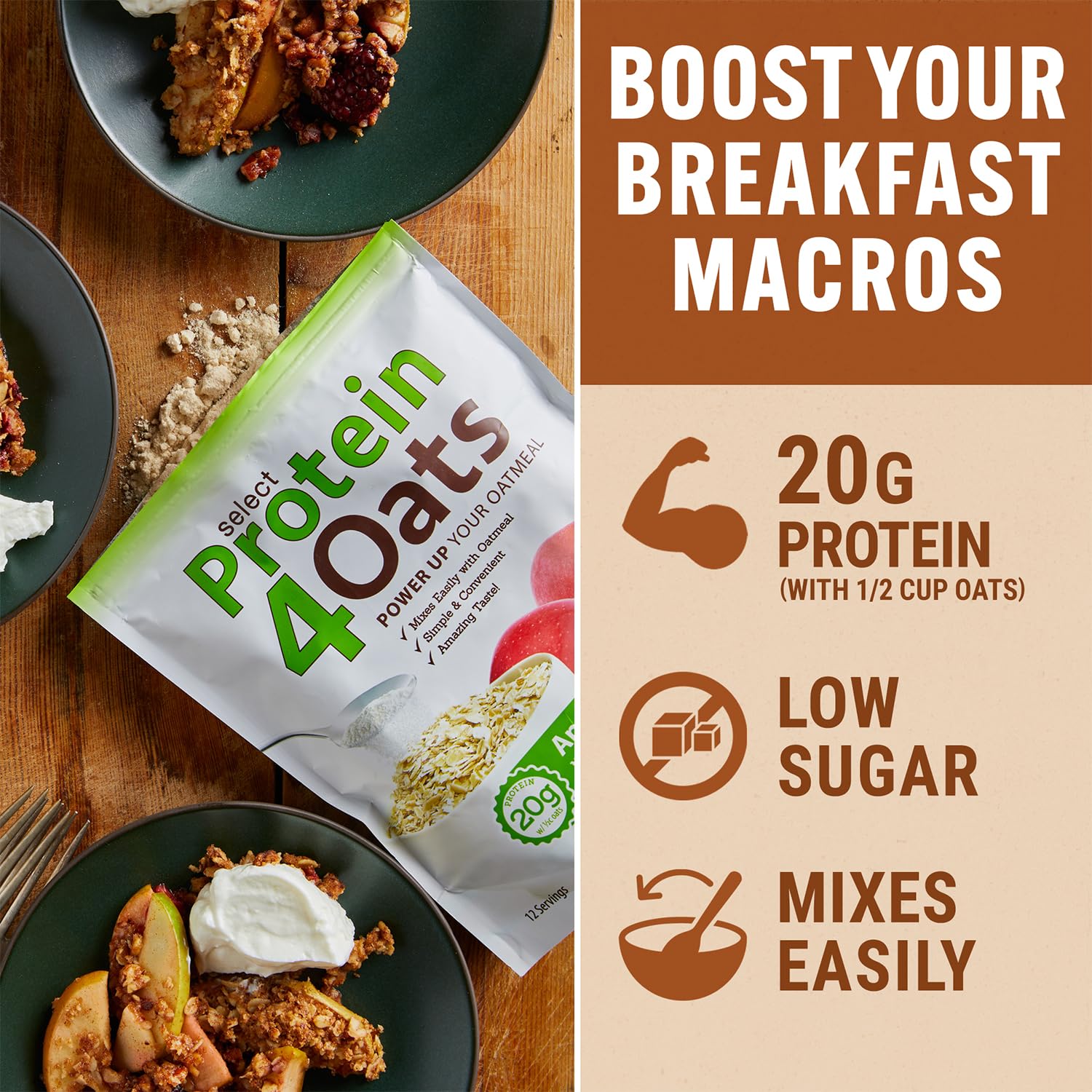 Textura del polvo PEScience Protein4Oats en primer plano para mezcla cremosa