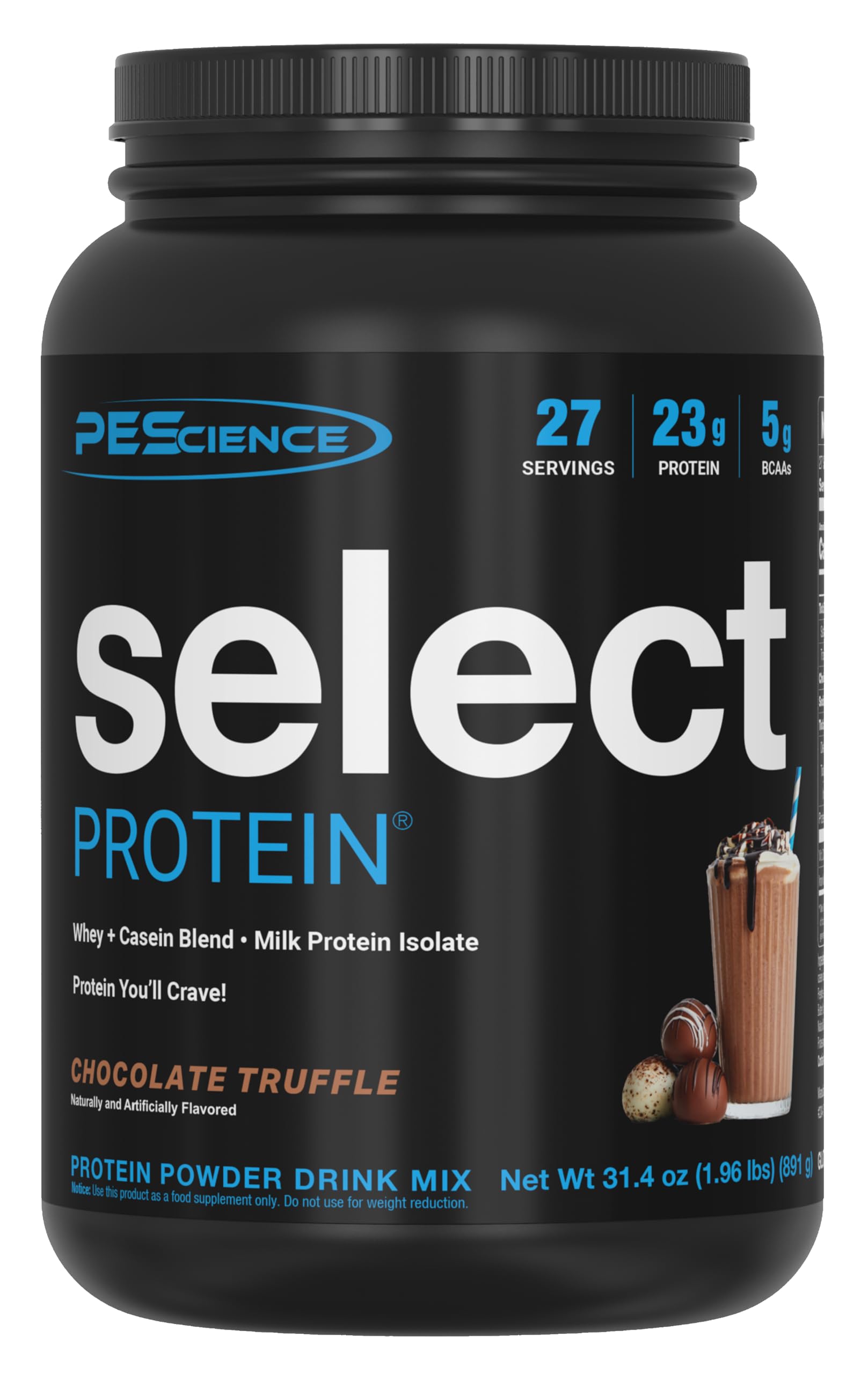 PEScience bote frontal del sabor Chocolate Truffle con diseño claro y beneficios visibles