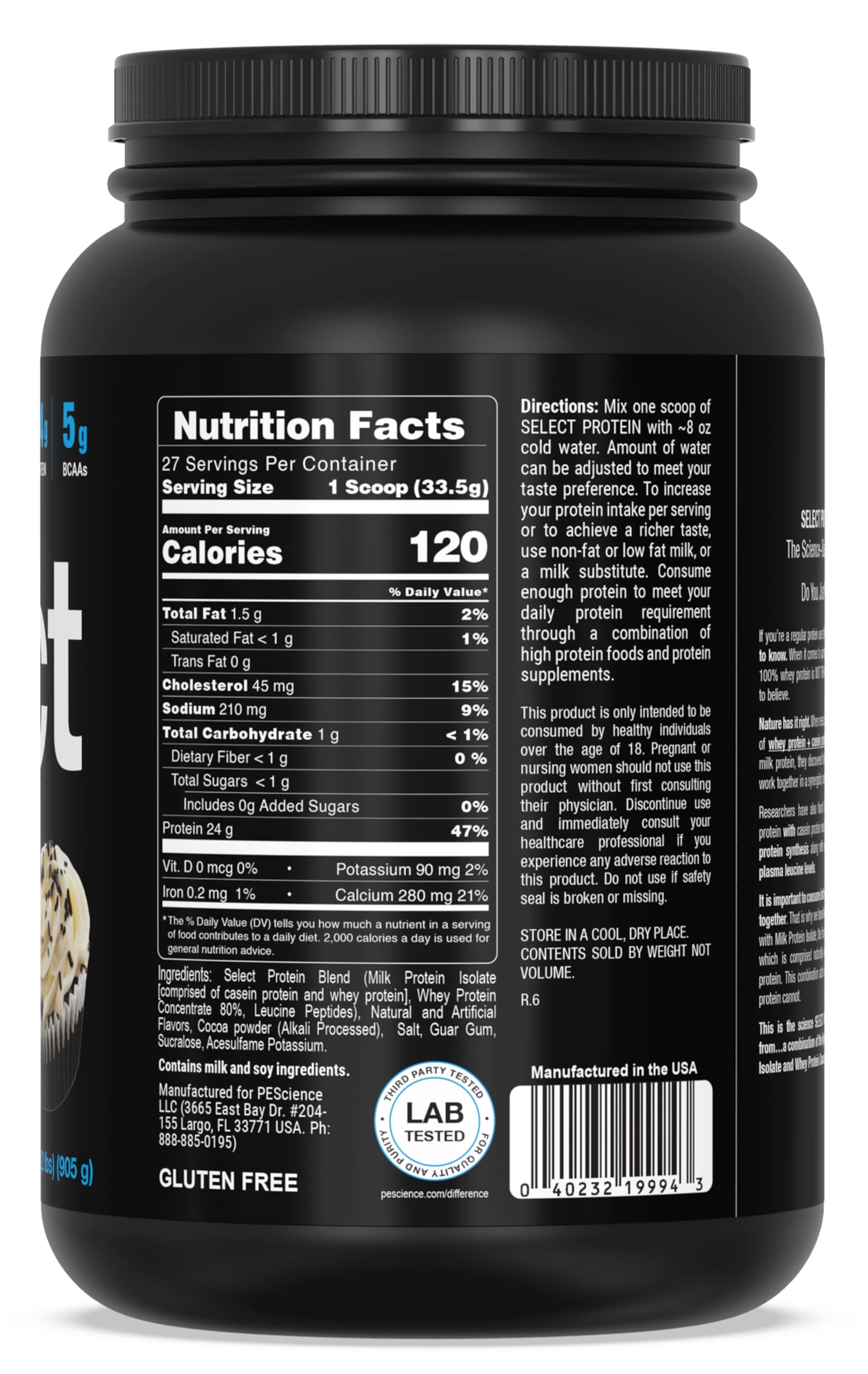 PEScience etiqueta nutricional clara mostrando 24 g de proteína