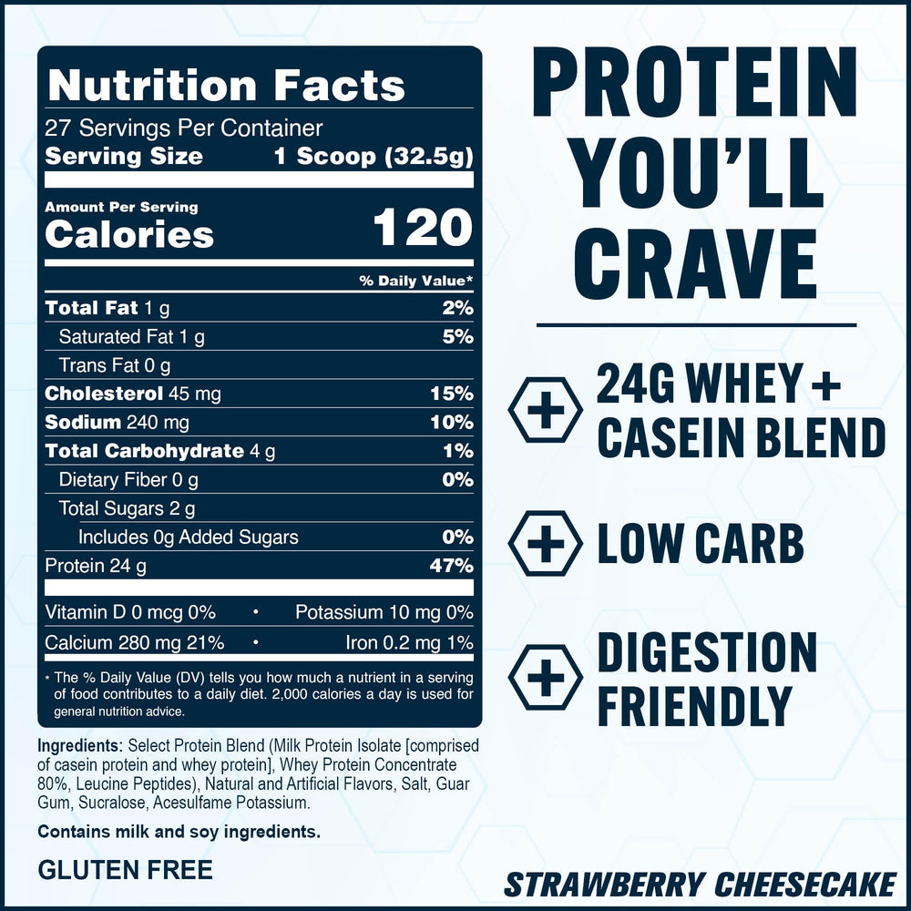 PEScience etiqueta nutricional destacando 24 g de proteína por porción