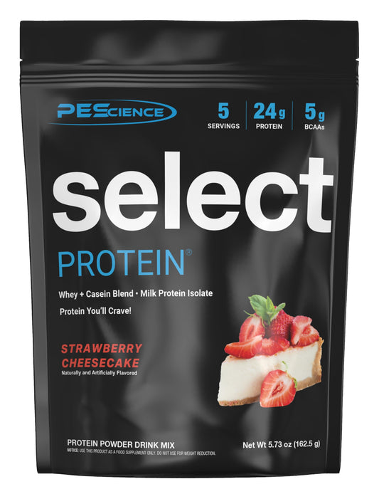 PEScience envase frontal Fresa Cheesecake mostrando diseño y tamaño para elección rápida