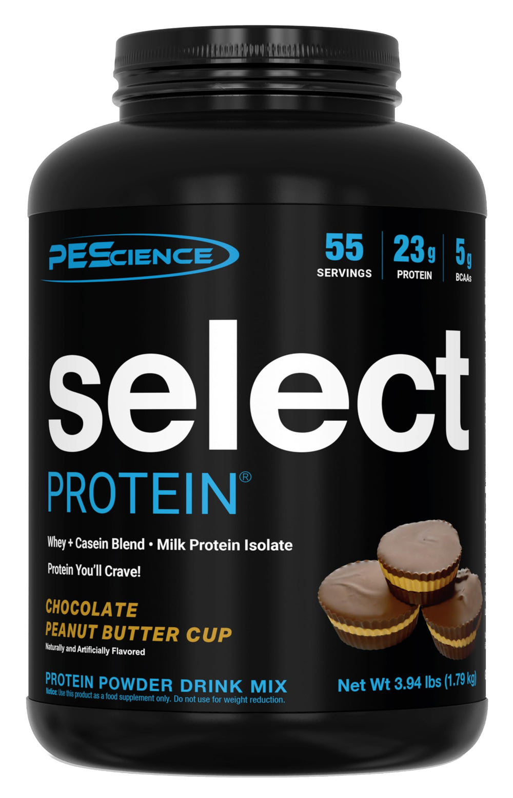 PEScience envase frontal Chocolate Peanut Butter Cup mostrando tamaño y marca
