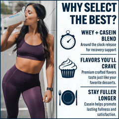 PEScience vaso con proteína mezclada ofreciendo batido cremoso y listo para consumir