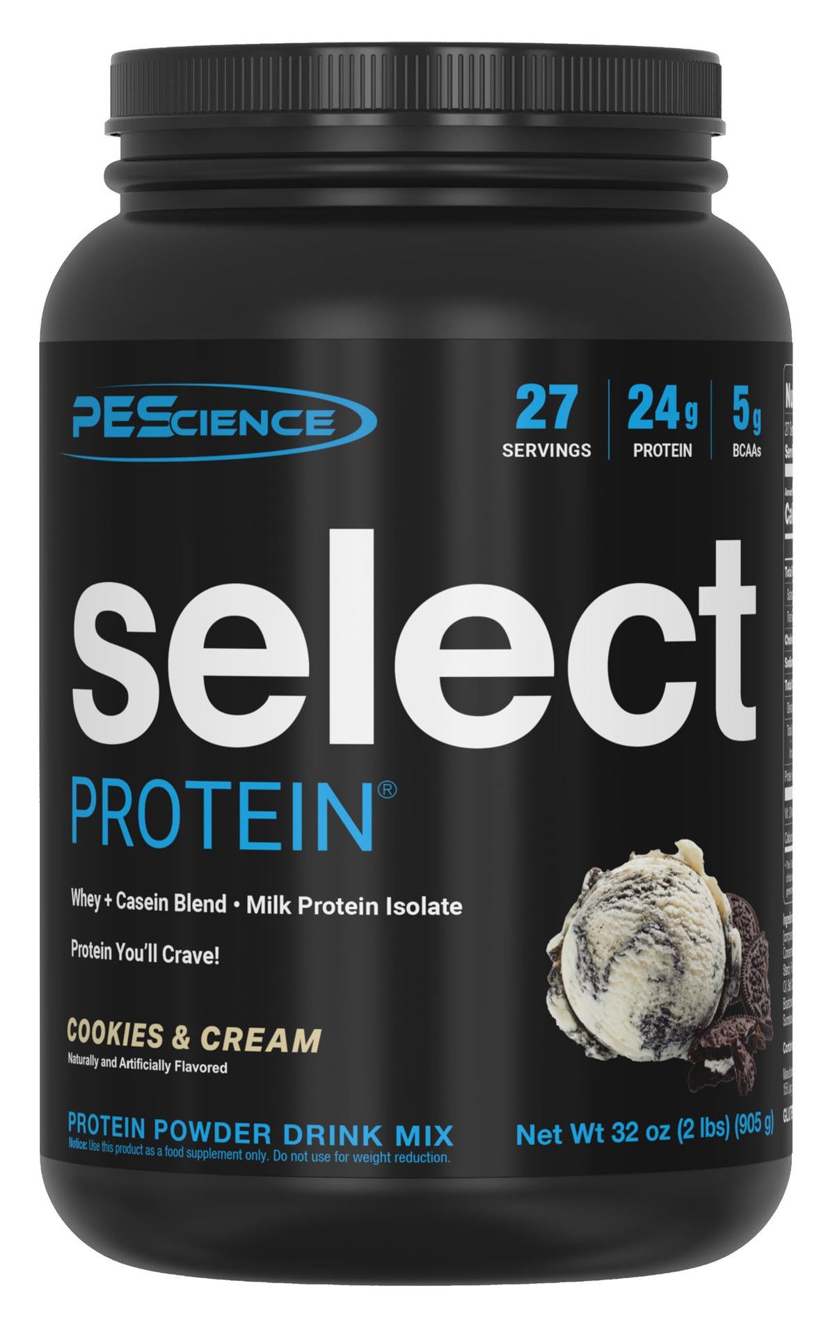 PEScience envase frontal mostrando sabor cookies and cream y claro beneficio de sabor