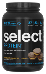 PEScience bote frontal mostrando sabor Chocolate Peanut Butter Cup y beneficio de sabor superior