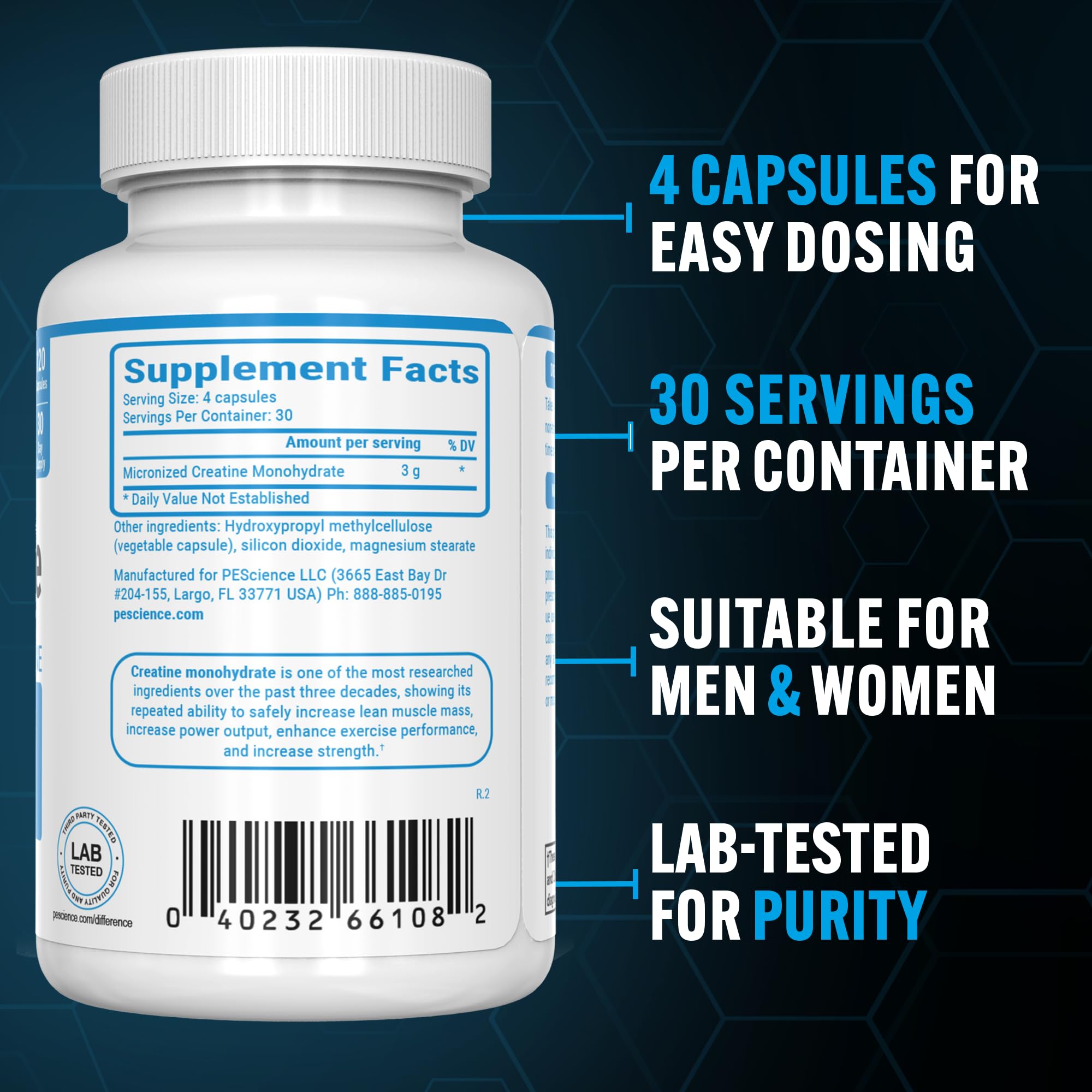 PEScience cápsulas en mano para comparar tamaño y dosificación clara
