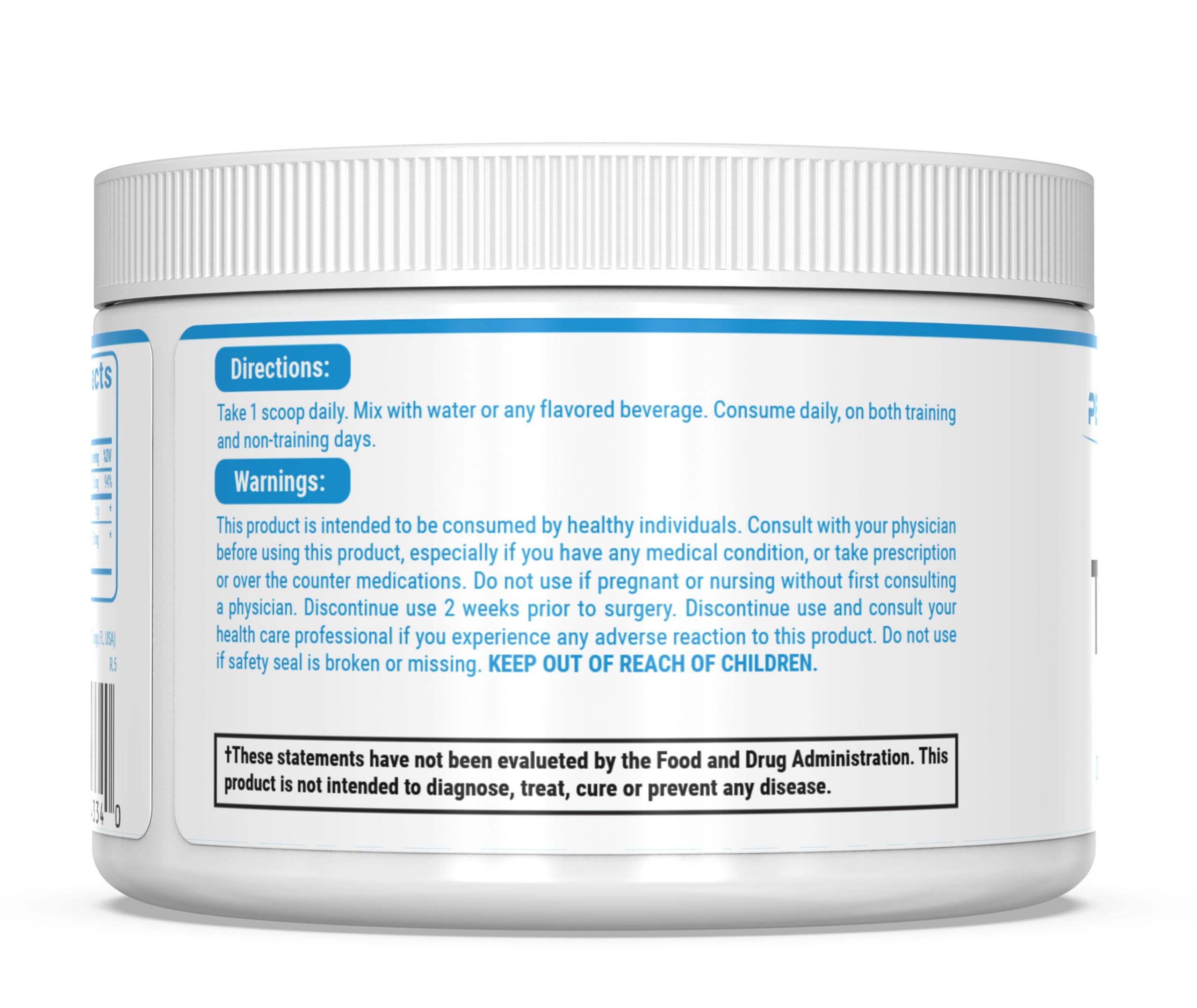 Comparación de tamaño del tarro PEScience TruCreatine+ junto a una botella para referencia