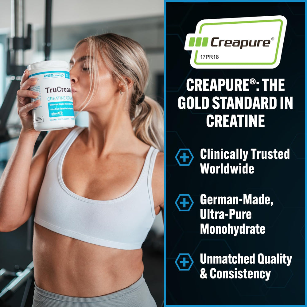 PEScience TruCreatine+ mezcla en vaso transparente, sin sabor y rápida disolución
