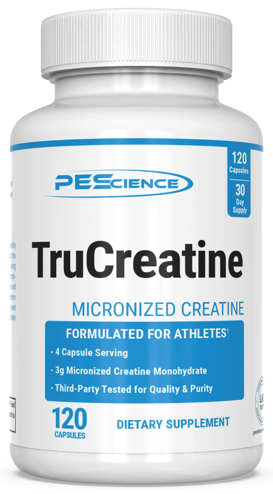 PEScience envase TruCreatine frente mostrando diseño y conveniencia