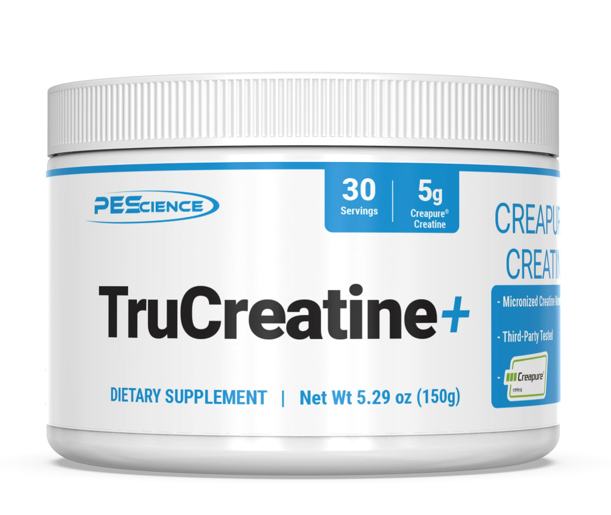 PEScience TruCreatine+ frente del envase mostrando el diseño y beneficio de pureza