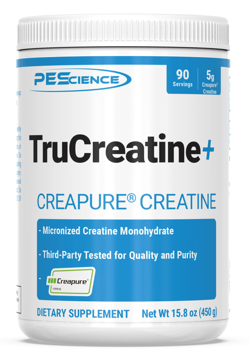 PEScience TruCreatine+ frontal del envase mostrando marca y tamaño, confianza en pureza