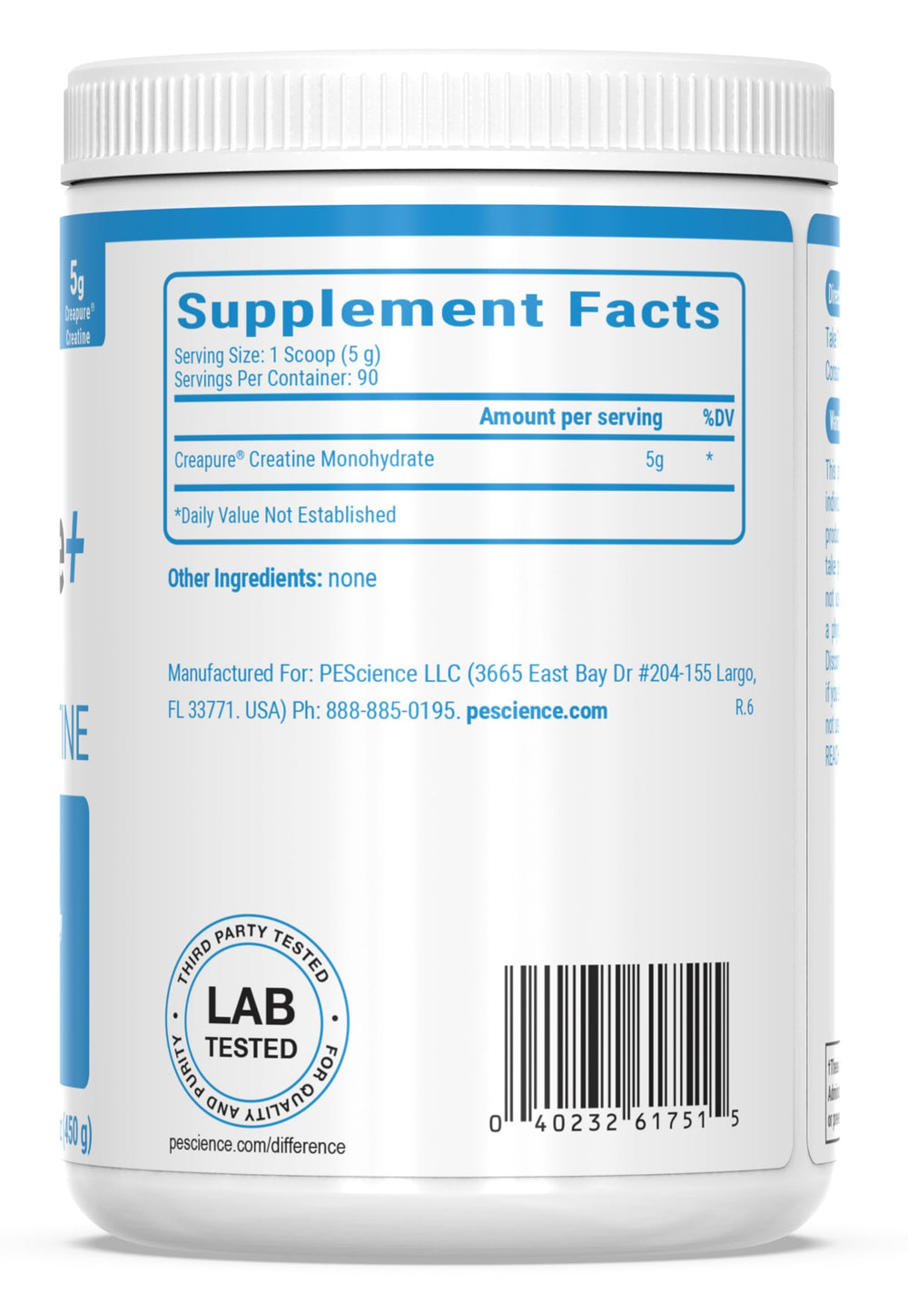 PEScience TruCreatine+ envase junto a objetos cotidianos para comparar tamaño y servicios