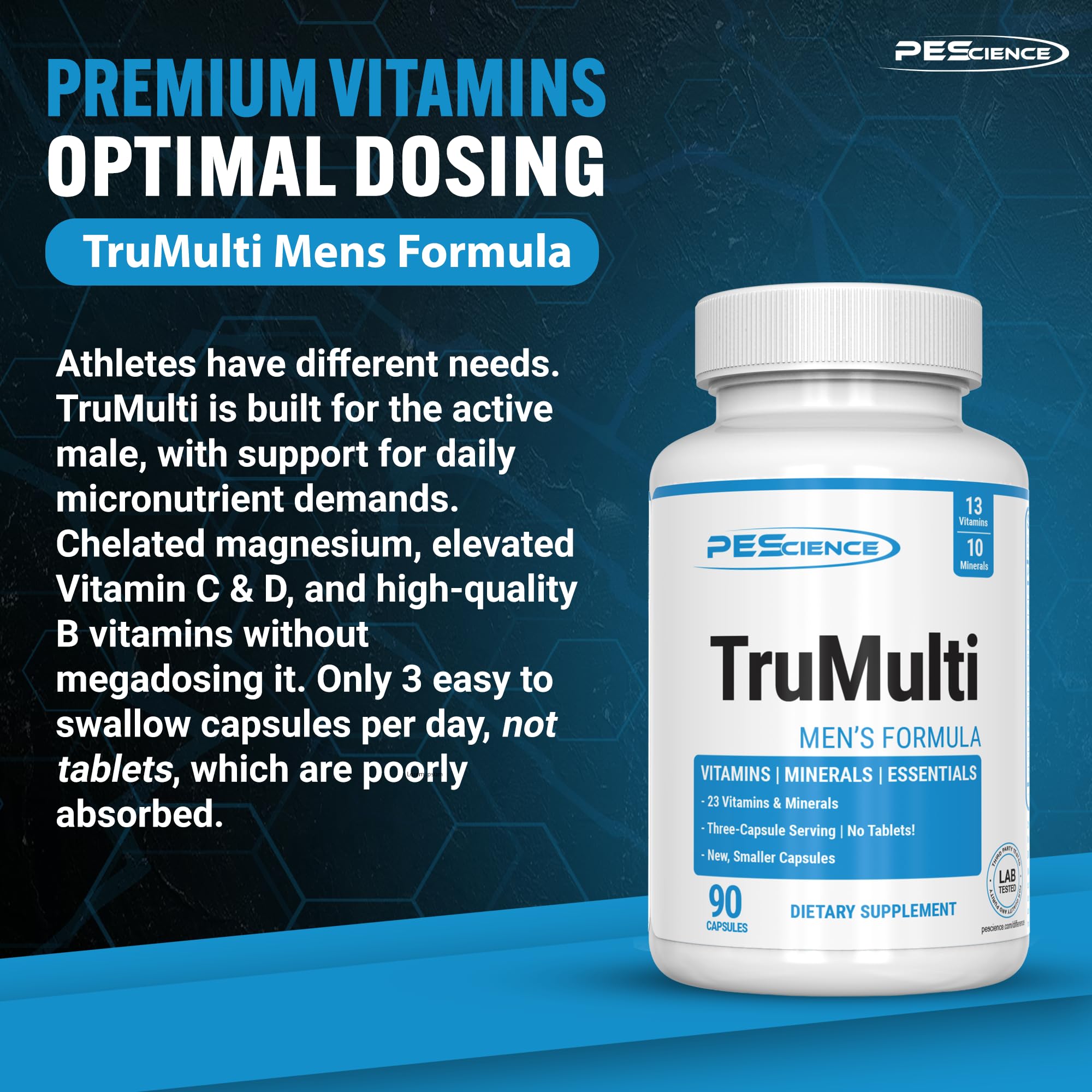 PEScience TruMulti cápsulas en mano, fácil de tragar