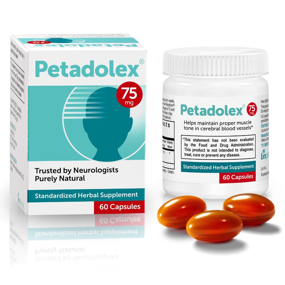 Petadolex frasco frontal mostrando nombre y cantidad de cápsulas, confianza y calidad