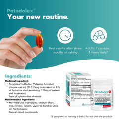 Petadolex packaging lateral enfatizando origen alemán y proceso patentado