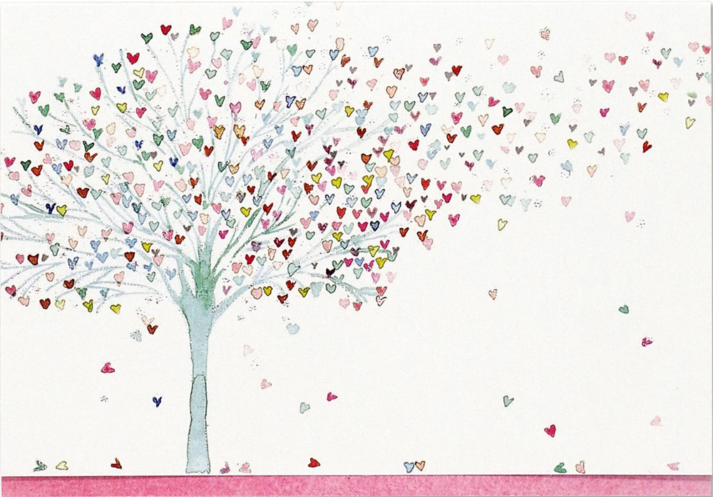 PETER PAUPER PRESS tarjeta frontal con árbol azul y corazones, diseño elegante para notas