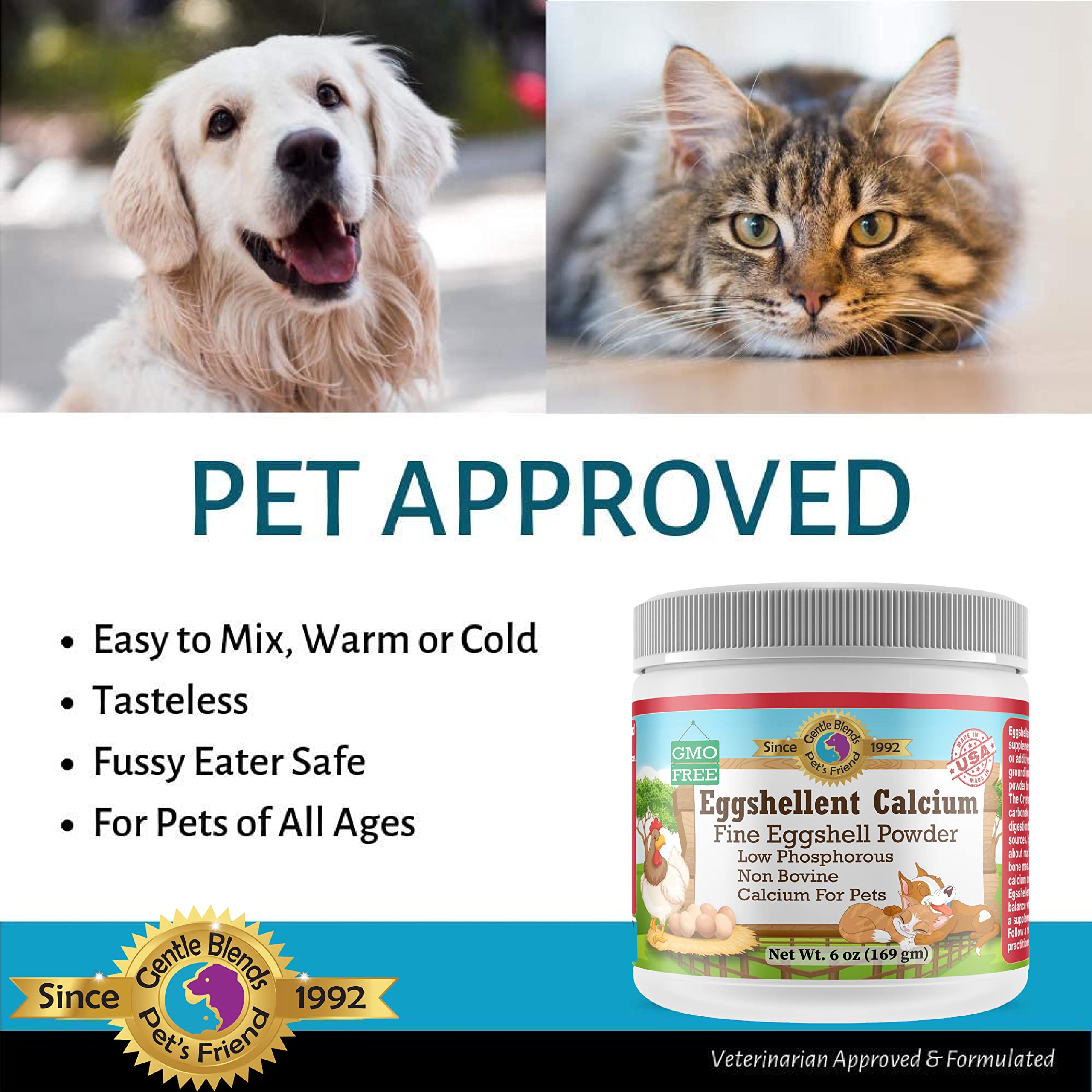 Comparación de tamaño GENTLE BLENDS PET'S FRIEND 6oz en mano para escala