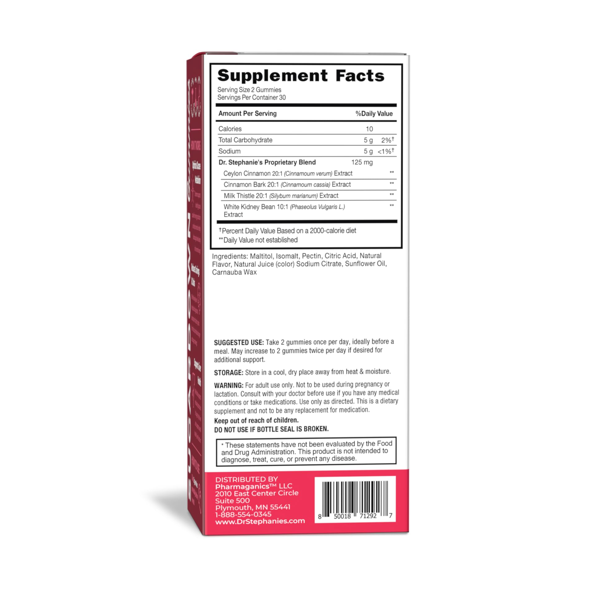 Pharmaganics etiqueta con ingredientes y certificaciones, garantía de calidad