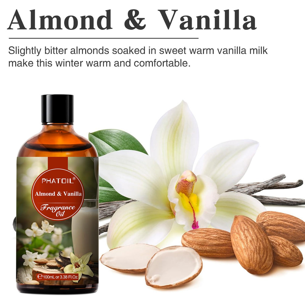 PHATOIL etiqueta en primer plano con nombre Almendra Vainilla y datos del producto, fácil lectura