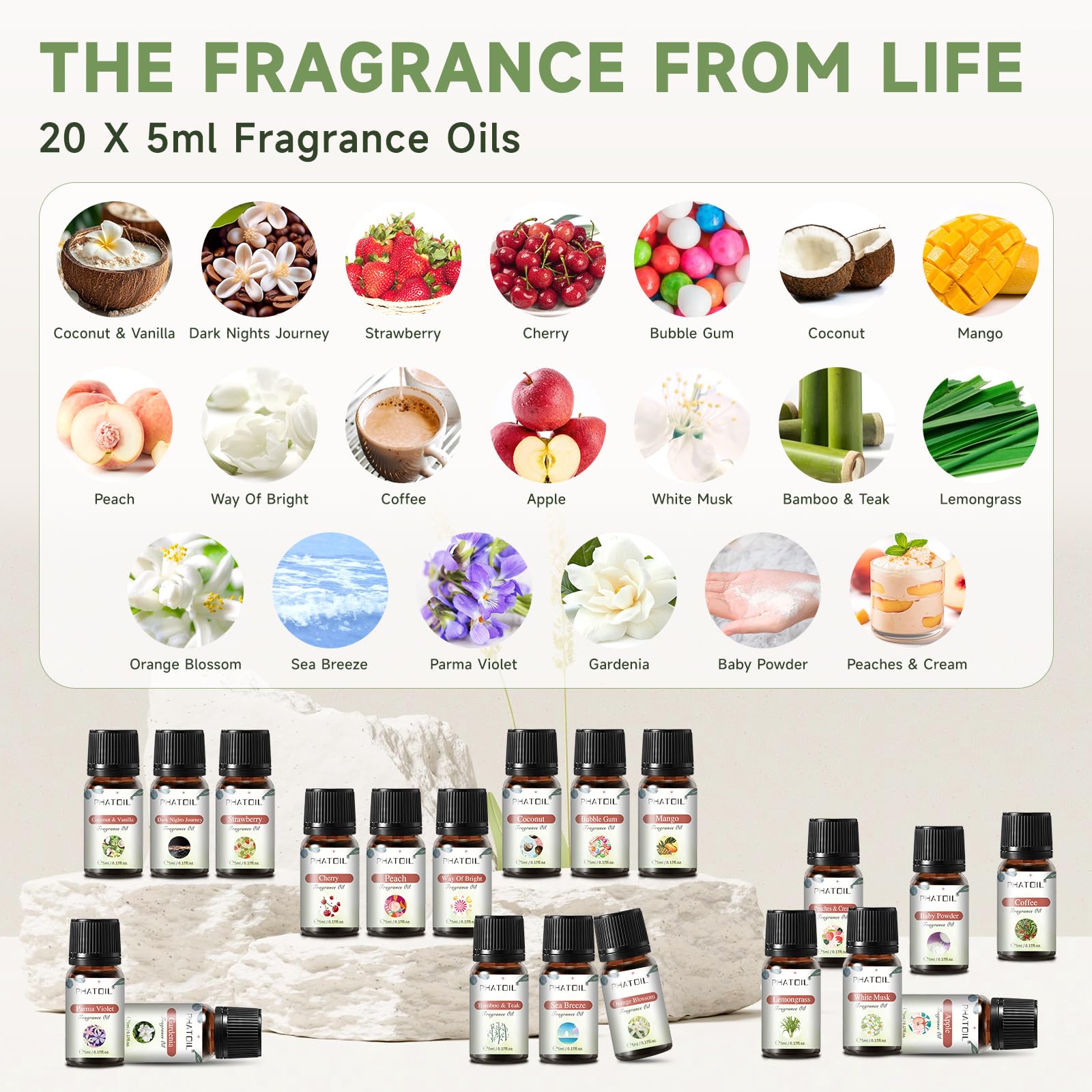 PHATOIL frascos etiquetados 5 ml mostrando nombres de fragancias, fácil identificación