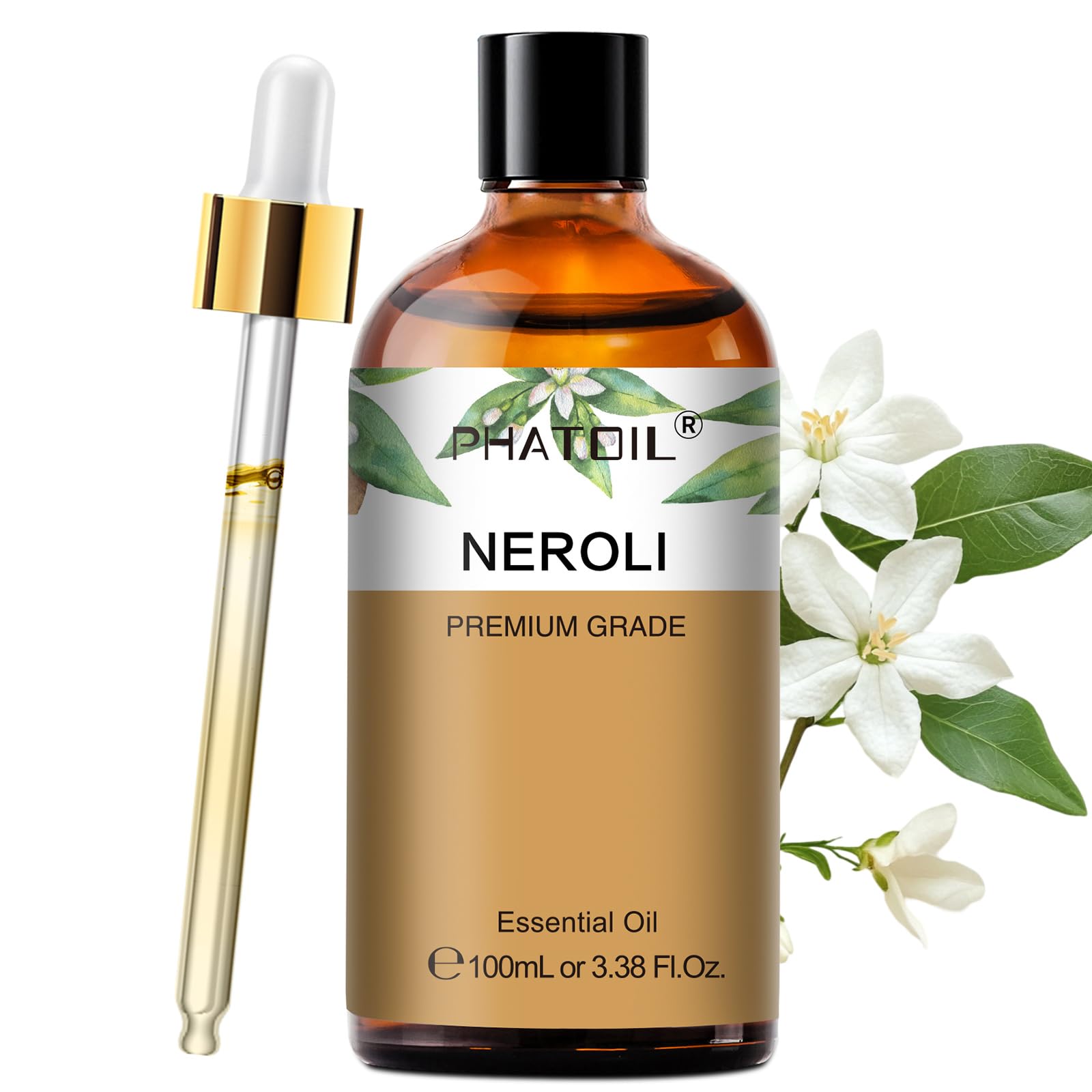 PHATOIL frasco delantero de aceite de neroli mostrando presentación y pureza