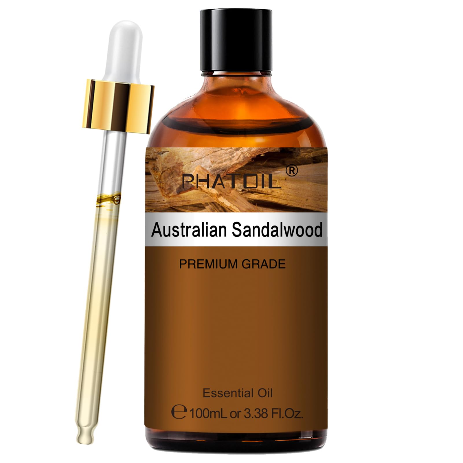 PHATOIL botella frontal de sándalo australiano mostrando etiqueta clara y cuentagotas