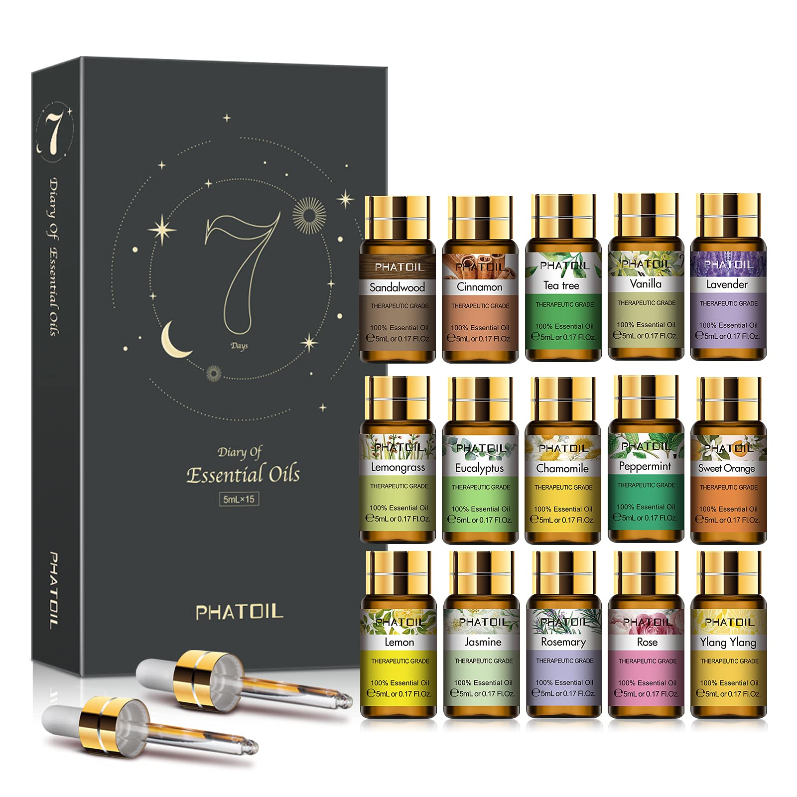 PHATOIL set frontal abierto mostrando 15 aceites para regalo