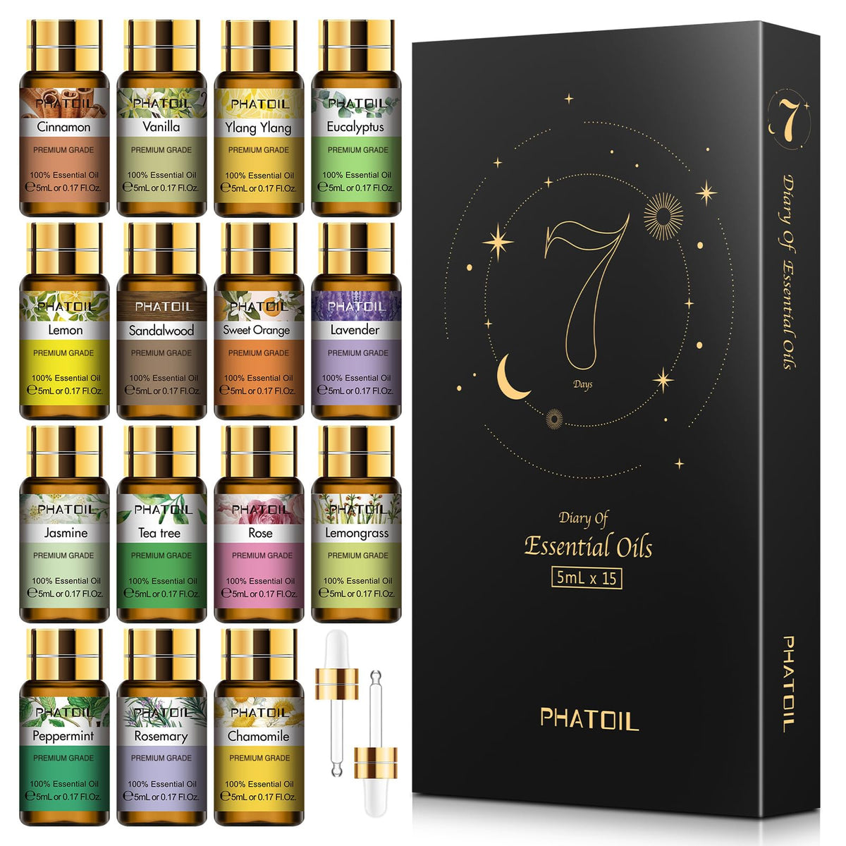 PHATOIL set presentación frontal mostrando 15 botellas y estuche elegante