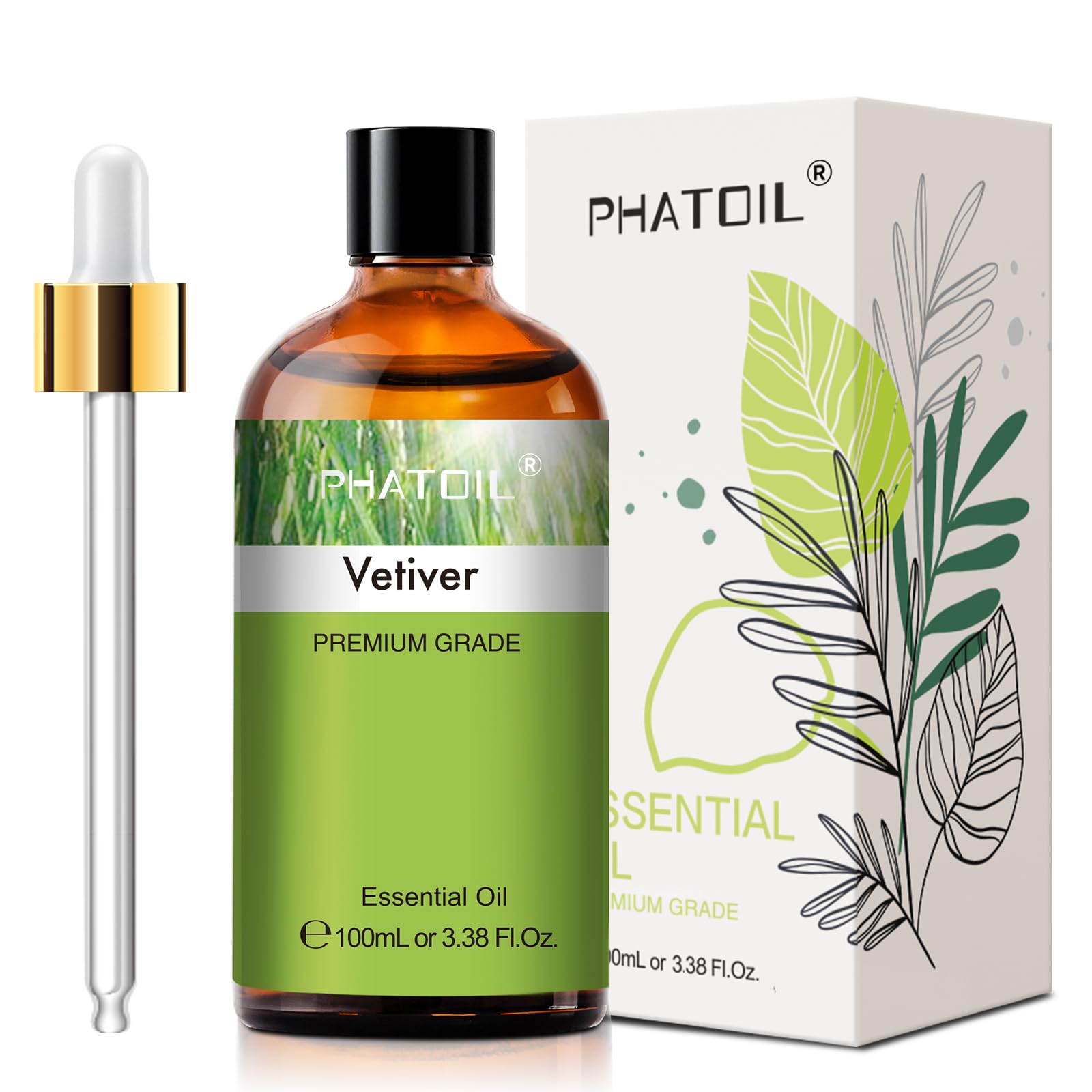 PHATOIL botella frontal de vetiver 100 ml mostrando envase ámbar y cuentagotas como ventaja