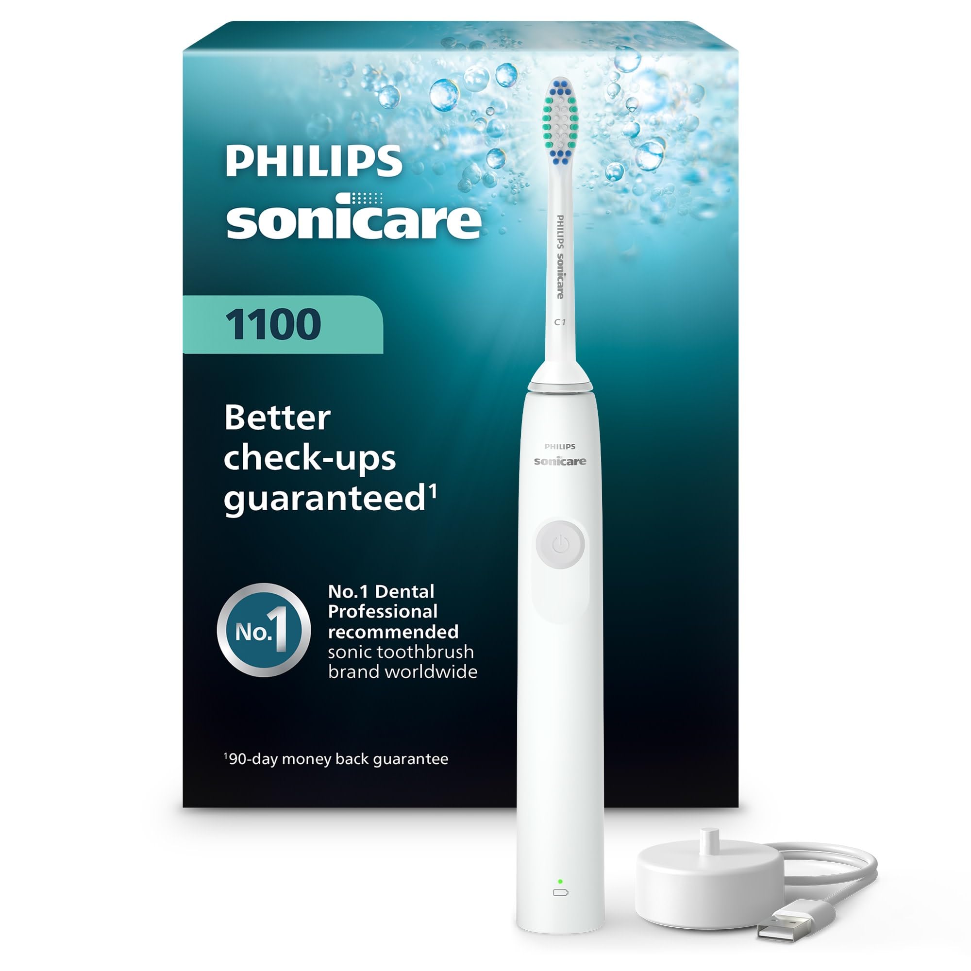 Philips Sonicare 1100 vista frontal mostrando diseño ergonómico y limpieza eficaz