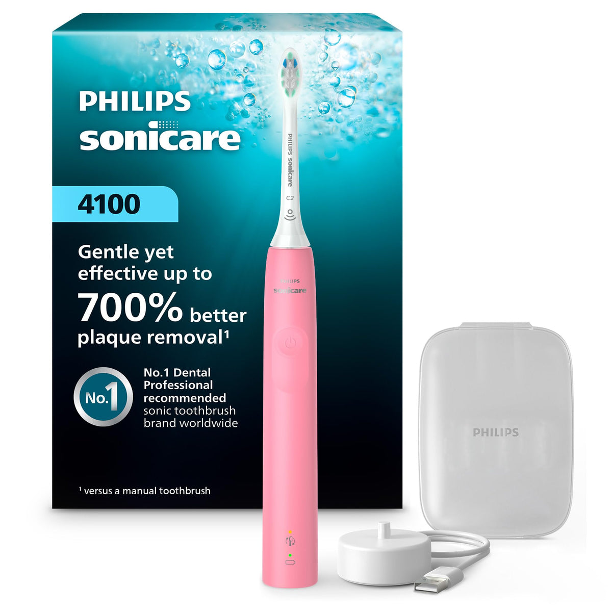 Philips Sonicare 4100 vista frontal en color Deep Pink realza limpieza eficaz