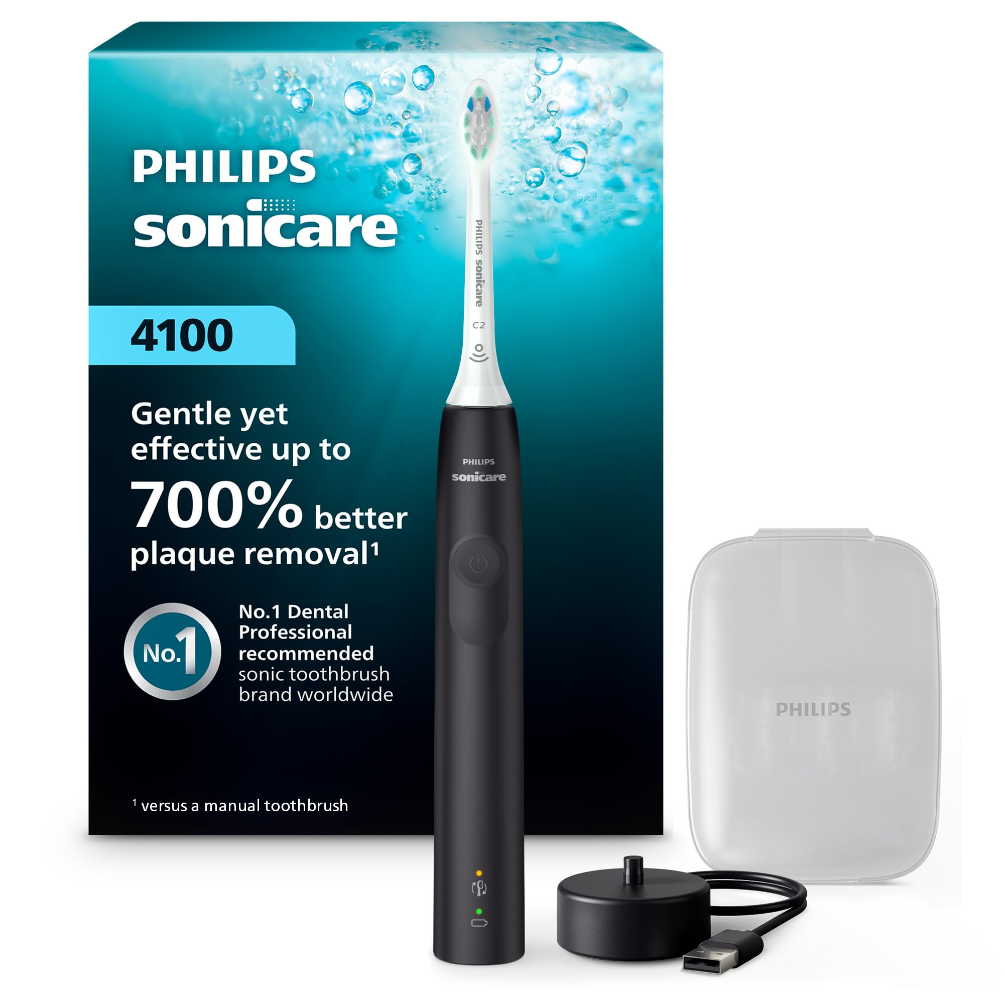 Philips Sonicare frontal del mango negro que muestra diseño ergonómico y control cómodo