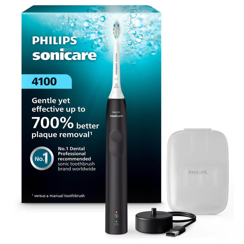 Philips Sonicare frontal del mango negro que muestra diseño ergonómico y control cómodo